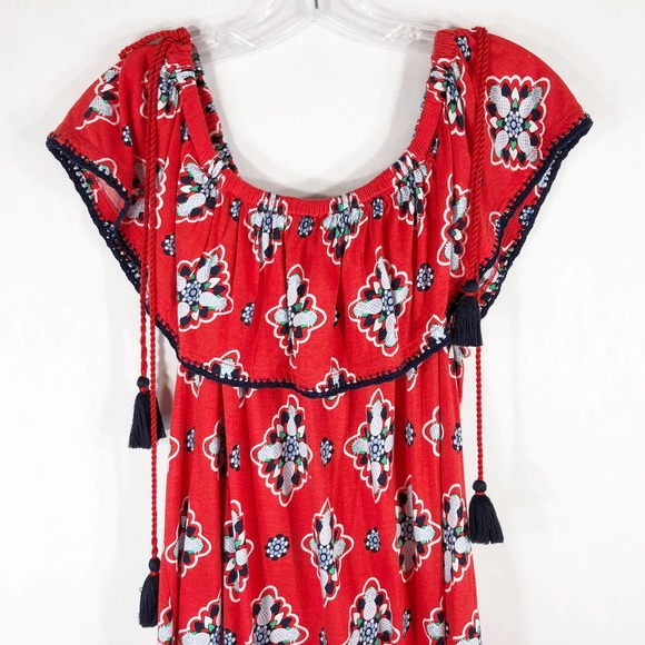 Crown Ivy XL Petite Dress Red Blue Tassels Shift Knee Off Shoulder Pineapple 574 - Picture 3 of 9